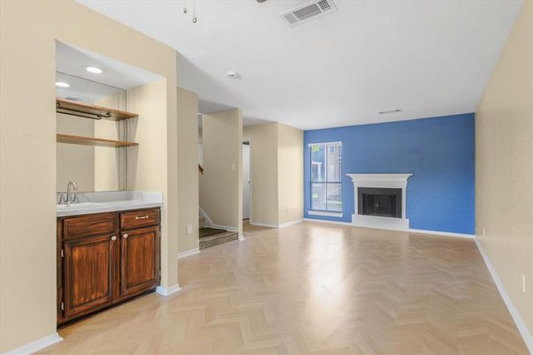 Empty room, Fireplace, Interior, Recessed Lighting, Wood Texture Flooring