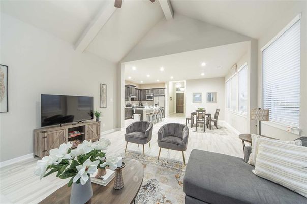Dining room, Interior, Kitchen, Living room, Recessed Lighting, Stainless Steel Appliances, Wood Texture Flooring