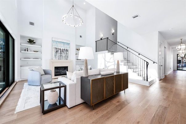 Fireplace, Interior, Living room, Pendant Lights, Wood Texture Flooring