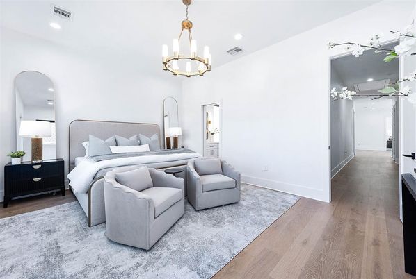 Bedroom, Chandelier, Interior, Recessed Lighting, Wood Texture Flooring