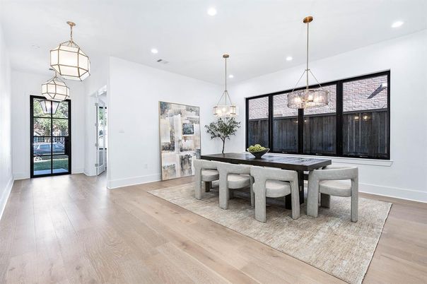 Dining room, Interior, Pendant Lights, Recessed Lighting, Wood Texture Flooring