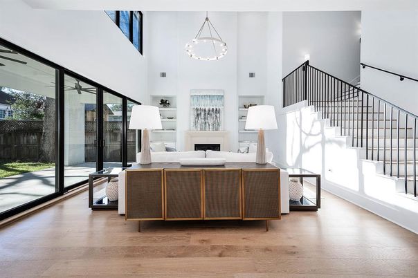 Fireplace, Interior, Living room, Pendant Lights, Wood Texture Flooring
