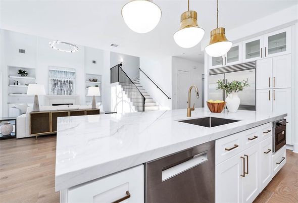 Interior, Kitchen, Pendant Lights, Stainless Steel Appliances, Wood Texture Flooring