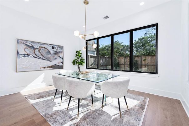 Dining room, Interior, Pendant Lights, Recessed Lighting, Wood Texture Flooring