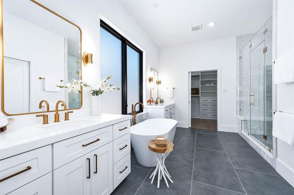 Bathroom, Dual Sink Vanities, Free Standing Baths, Glass Shower, Interior, Recessed Lighting