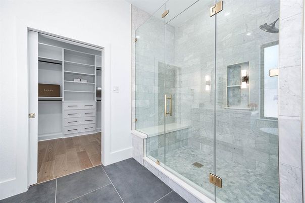 Bathroom, Glass Shower, Interior, Walk-in Closets, Wood Texture Flooring