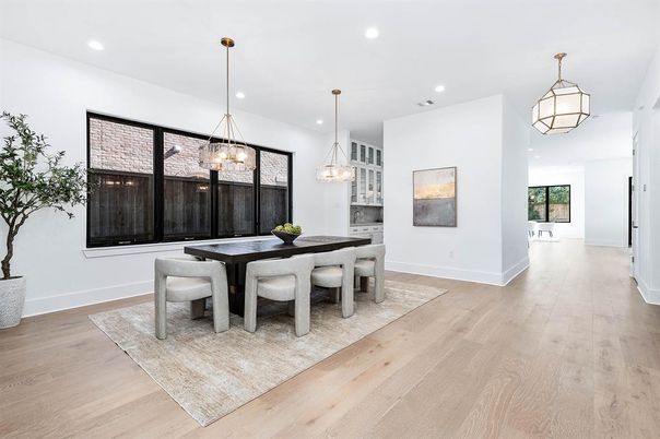 Dining room, Interior, Pendant Lights, Recessed Lighting, Wood Texture Flooring
