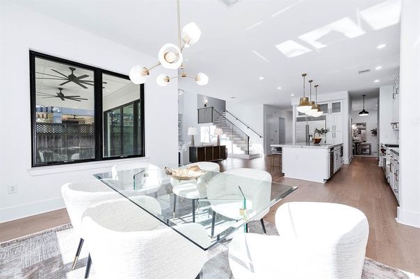 Dining room, Interior, Kitchen, Pendant Lights, Recessed Lighting, Wood Texture Flooring