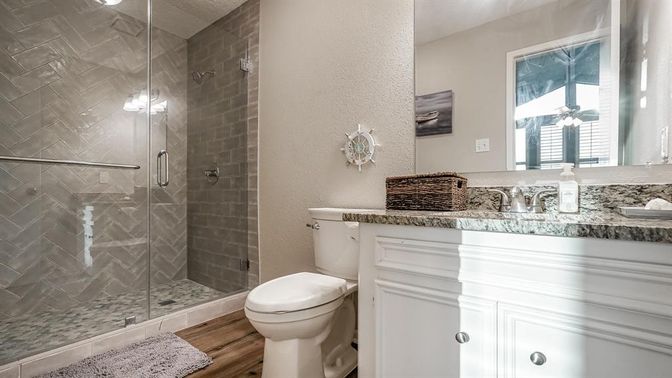 Bathroom, Glass Shower, Interior, Wood Texture Flooring