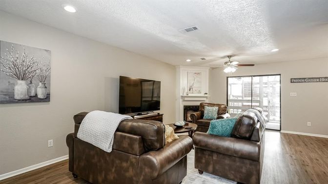 Fireplace, Interior, Living room, Recessed Lighting, Wood Texture Flooring