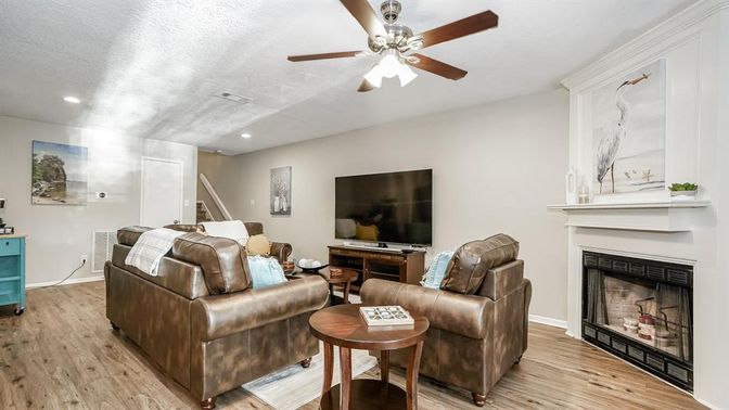 Fireplace, Interior, Living room, Recessed Lighting, Wood Texture Flooring