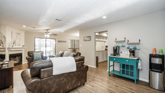 Fireplace, Interior, Kitchen, Living room, Recessed Lighting, Wood Texture Flooring