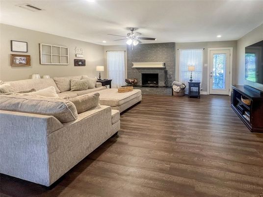 Fireplace, Interior, Living room, Recessed Lighting, Wood Texture Flooring