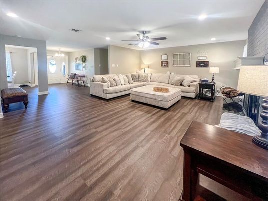 Dining room, Interior, Living room, Pendant Lights, Recessed Lighting, Wood Texture Flooring