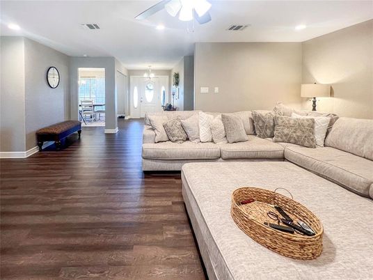 Interior, Living room, Pendant Lights, Recessed Lighting, Wood Texture Flooring