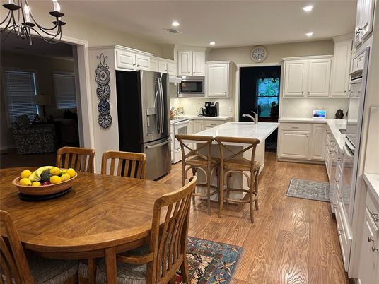 Dining room, Interior, Kitchen, Recessed Lighting, Stainless Steel Appliances, Wood Texture Flooring