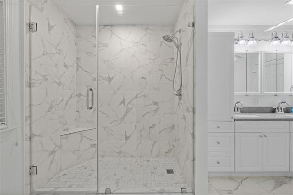 Bathroom, Glass Shower, Interior, Marble, Marble Walls, Recessed Lighting