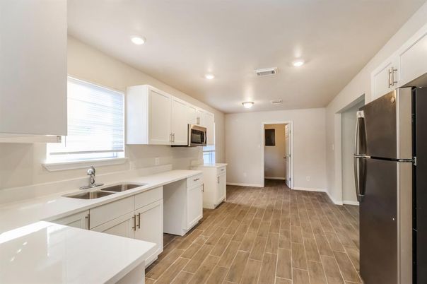 Interior, Kitchen, Recessed Lighting, Wood Texture Flooring