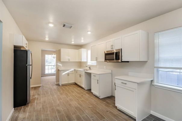 Interior, Kitchen, Recessed Lighting, Wood Texture Flooring