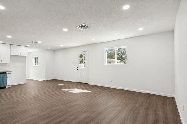 Empty room, Interior, Kitchen, Recessed Lighting, Wood Texture Flooring