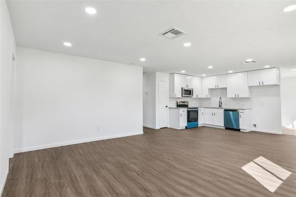 Interior, Kitchen, Recessed Lighting, Stainless Steel Appliances, Wood Texture Flooring