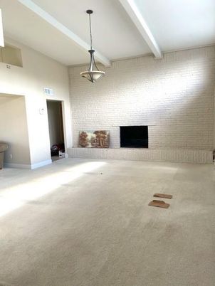 Empty room, Fireplace, Interior, Pendant Lights, Stone Walls