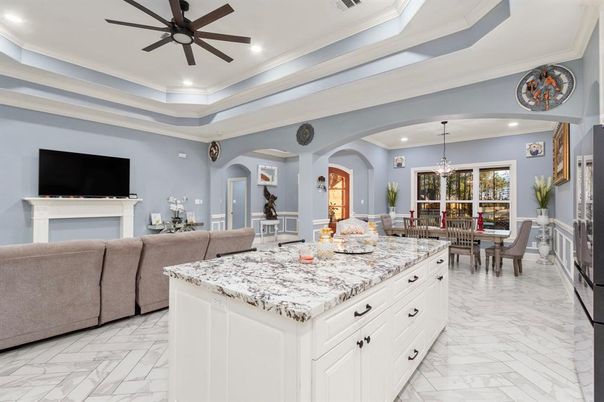 Chandelier, Dining room, Fireplace, Interior, Living room, Marble, Recessed Lighting