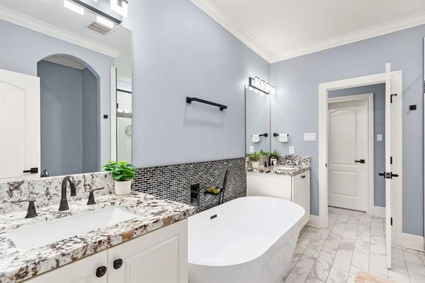 Bathroom, Dual Sink Vanities, Free Standing Baths, Interior, Marble