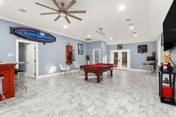 Billiard Table, Game Room, Interior, Marble, Recessed Lighting