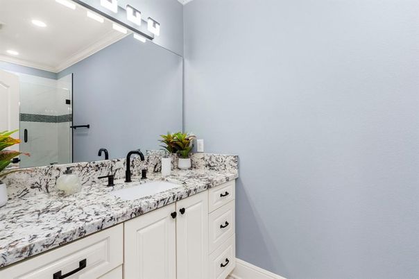 Bathroom, Dual Sink Vanities, Glass Shower, Interior, Recessed Lighting