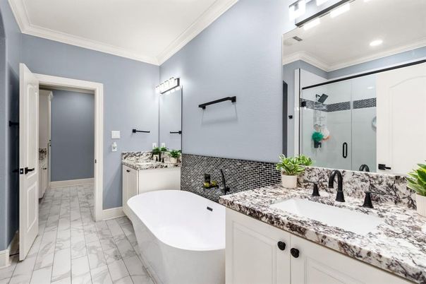 Bathroom, Dual Sink Vanities, Free Standing Baths, Glass Shower, Interior, Marble, Recessed Lighting