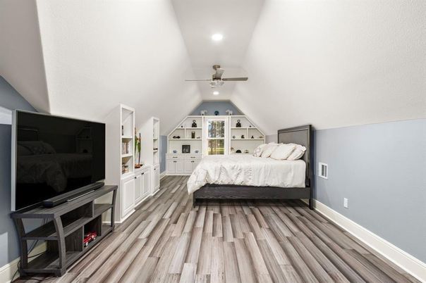 Bedroom, Interior, Recessed Lighting, Wood Texture Flooring