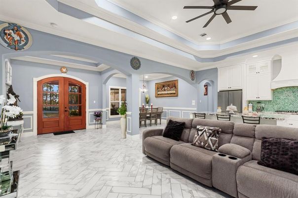 Dining room, Interior, Kitchen, Living room, Marble, Pendant Lights, Recessed Lighting