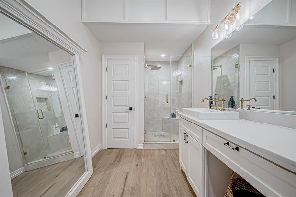 Bathroom, Glass Shower, Interior, Recessed Lighting, Wood Texture Flooring