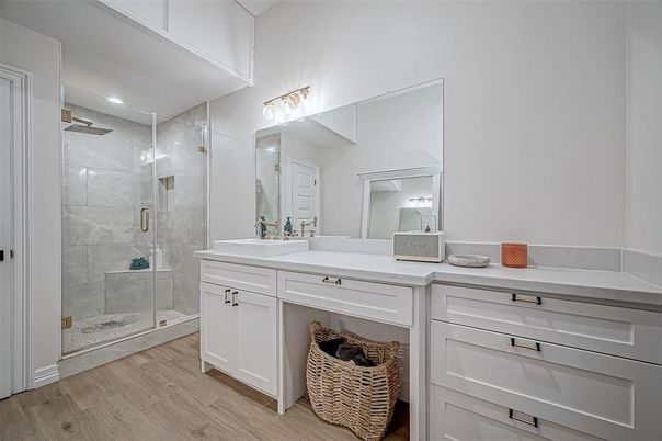 Bathroom, Glass Shower, Interior, Recessed Lighting, Wood Texture Flooring