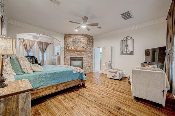 Bedroom, Fireplace, Interior, Stone Walls, Wood Texture Flooring