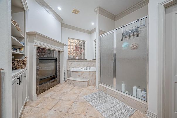 Bathroom, Fireplace, Glass Shower, Interior, Recessed Lighting
