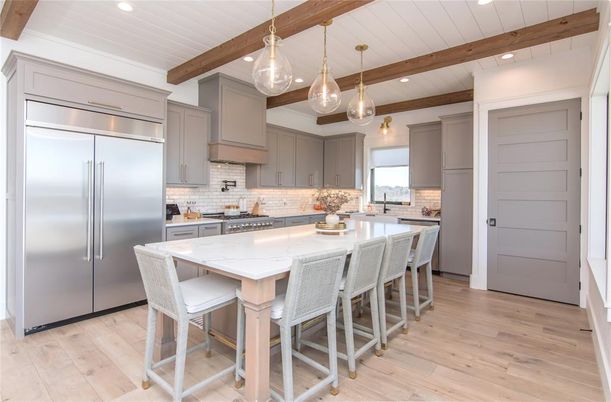 Interior, Kitchen, Pendant Lights, Recessed Lighting, Stainless Steel Appliances, Wooden Beams, Wood Texture Flooring