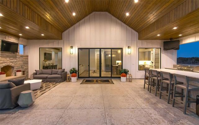 Exterior, Fireplace, Interior, Living room, Recessed Lighting, Wooden Ceilings