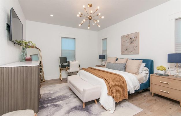 Bedroom, Interior, Pendant Lights, Recessed Lighting, Wood Texture Flooring