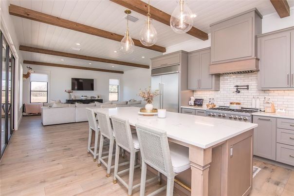 Interior, Kitchen, Living room, Pendant Lights, Recessed Lighting, Stainless Steel Appliances, Wooden Beams, Wood Texture Flooring