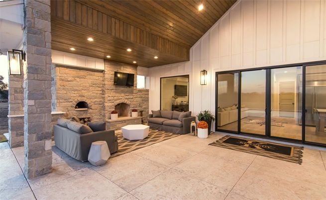 Fireplace, Interior, Living room, Recessed Lighting, Stone Walls, Wooden Ceilings