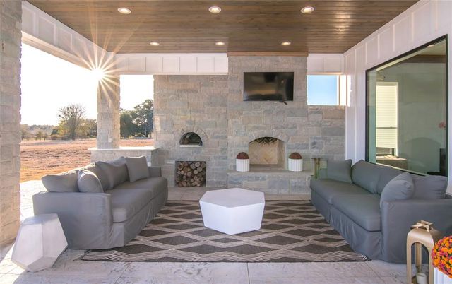 Fireplace, Interior, Living room, Recessed Lighting, Stone Walls