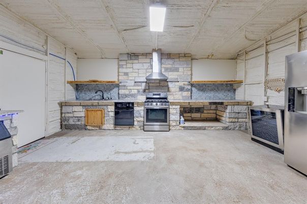 Fireplace, Interior, Kitchen, Stainless Steel Appliances, Stone Walls