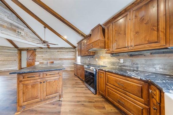Interior, Kitchen, Recessed Lighting, Stone Walls, Wooden Beams, Wood Texture Flooring