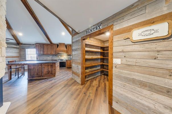 Interior, Kitchen, Recessed Lighting, Wooden Beams, Wood Texture Flooring, Wooden Walls