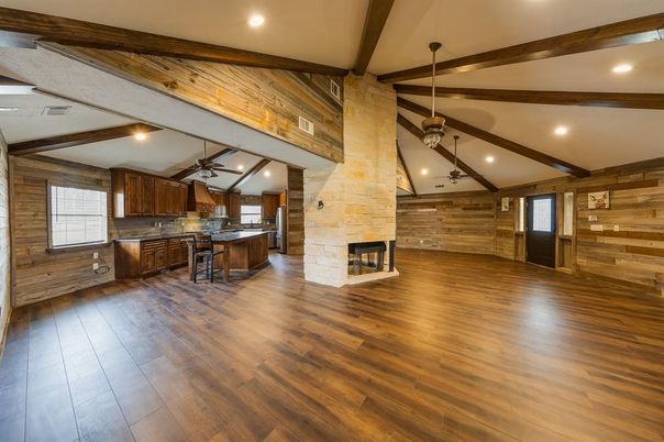 Fireplace, Interior, Kitchen, Pendant Lights, Recessed Lighting, Wooden Beams, Wood Texture Flooring, Wooden Walls