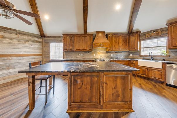 Interior, Kitchen, Recessed Lighting, Stainless Steel Appliances, Wooden Beams, Wood Texture Flooring