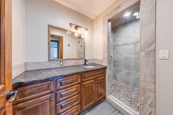 Bathroom, Dual Sink Vanities, Glass Shower, Interior, Marble Walls