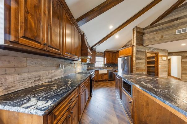 Interior, Kitchen, Recessed Lighting, Wooden Beams, Wood Texture Flooring